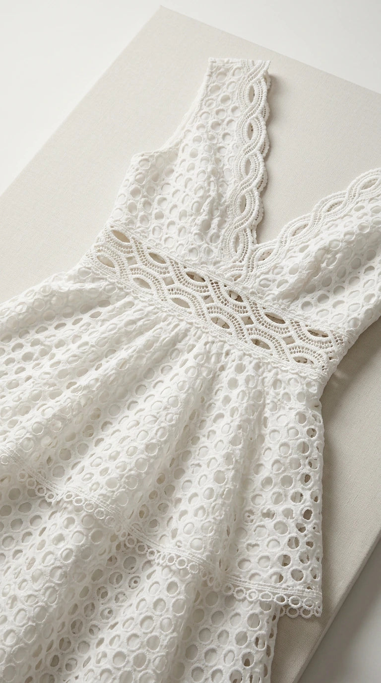 Close-up flat lay detail of white geometric eyelet lace fabric and waistband