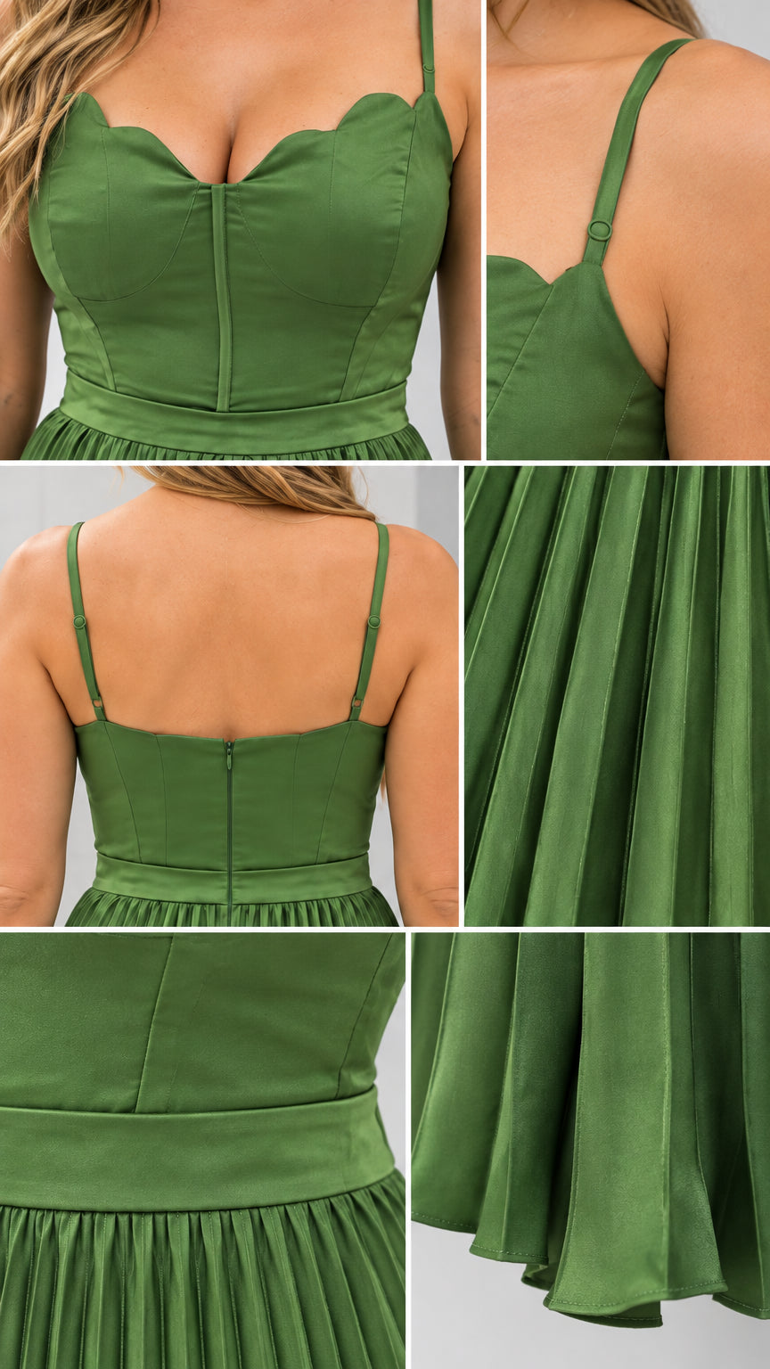 Detailed close-ups of scalloped neckline, back zipper, fitted waist, and accordion pleated hem