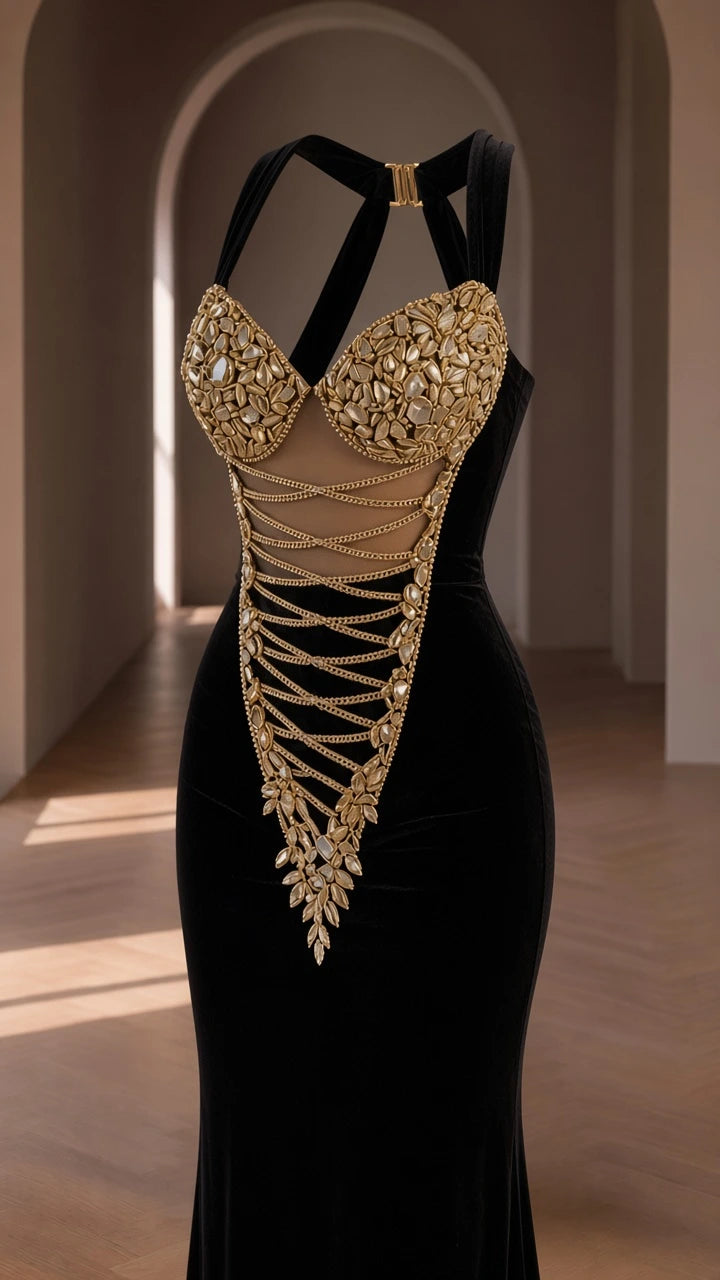Close-up detail of black velvet gown with gold crystal-studded corset bodice and chain overlay