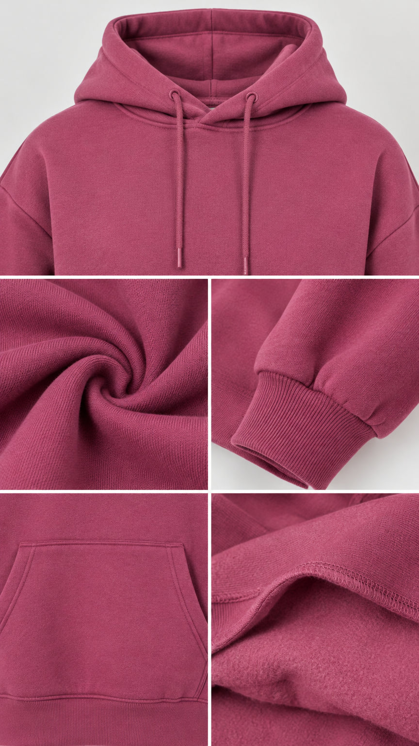 Close-up details of fleece hoodie collar, drawstrings, pocket, and ribbed cuffs