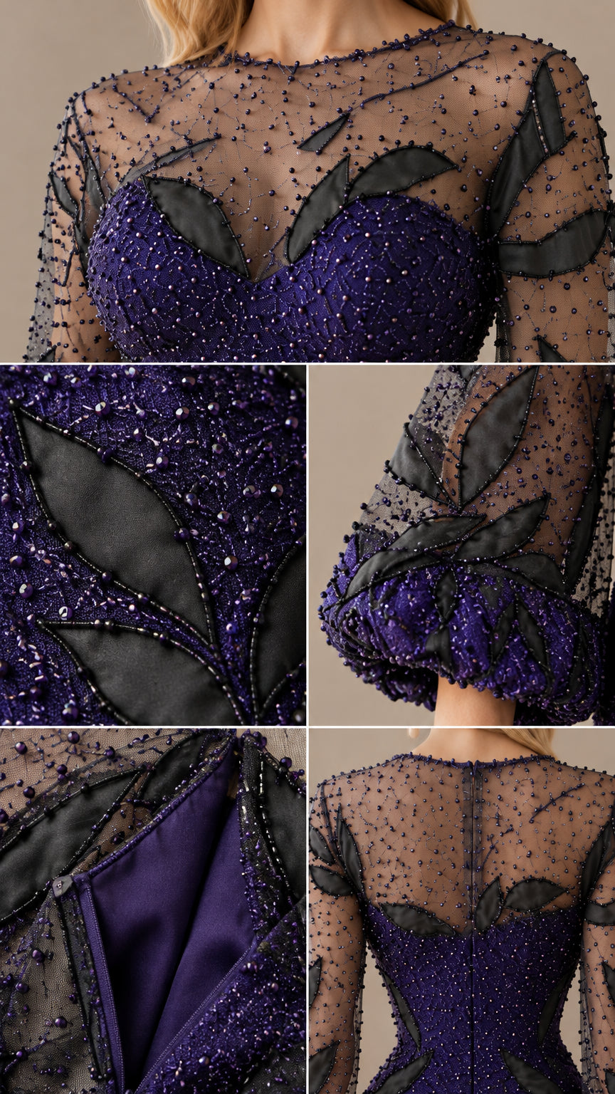 Close-up details of beaded illusion neckline, gathered bishop sleeve cuffs, leaf appliqués, and back zipper