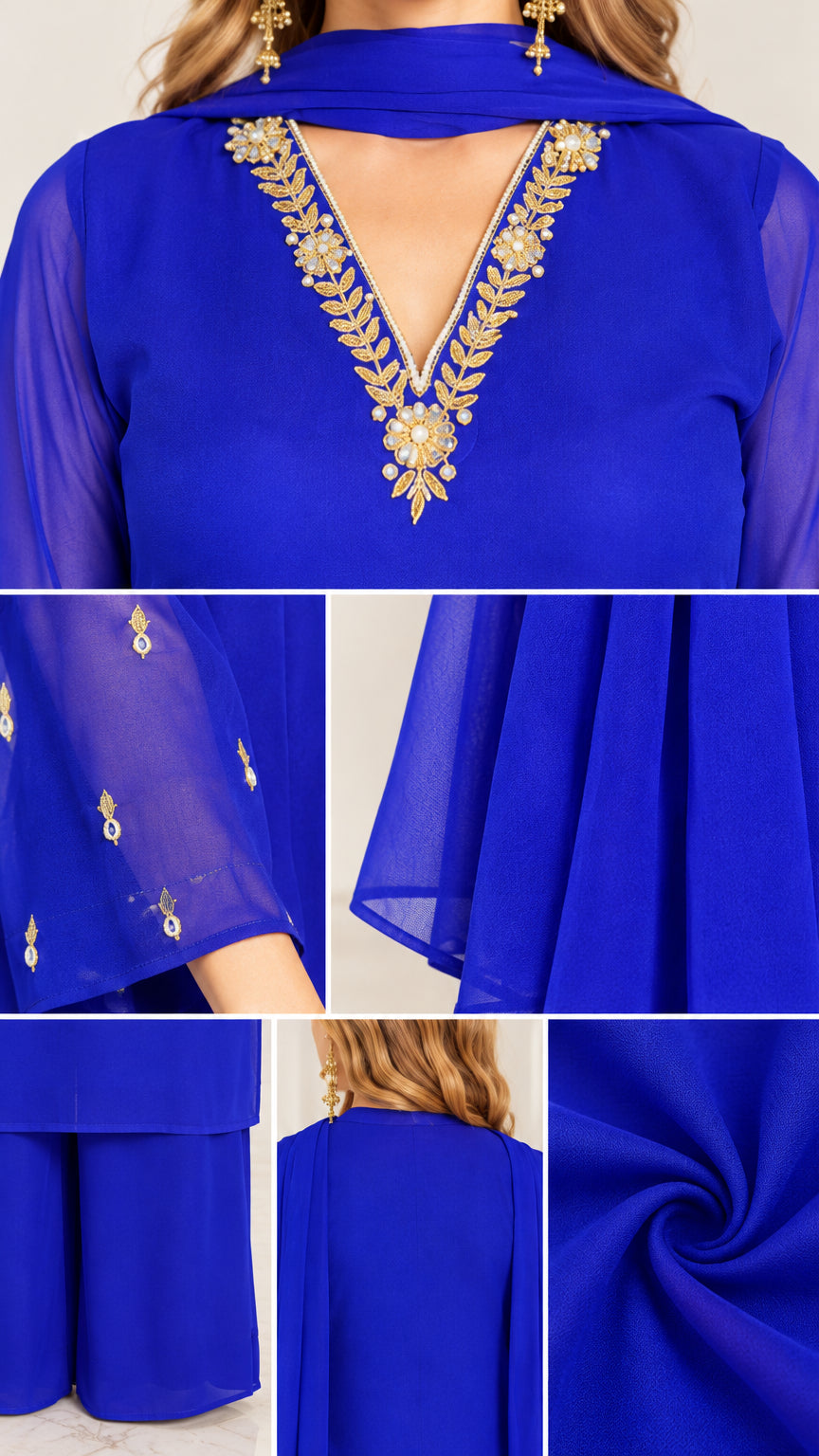 Close-up details of gold neckline embroidery, sheer sleeve cuffs, trouser hem, and chiffon fabric