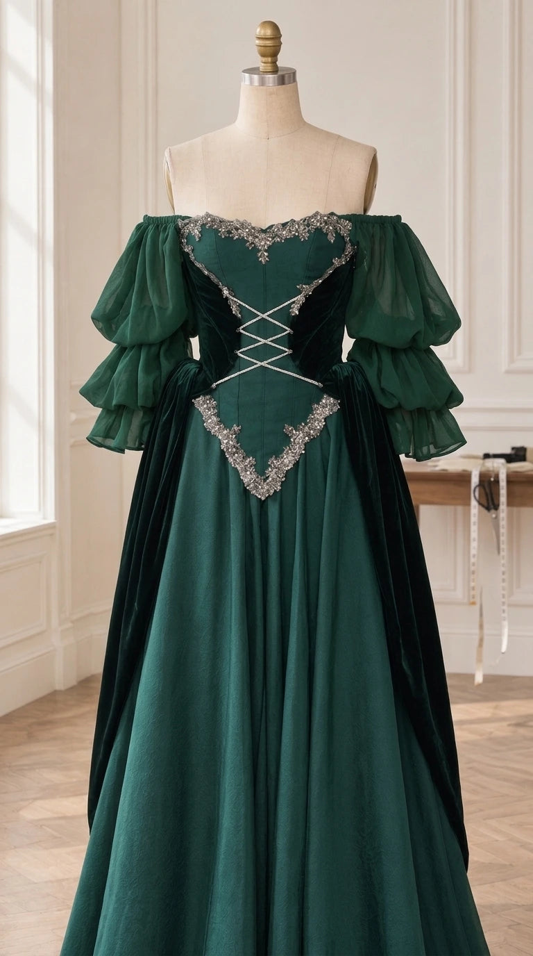 Mannequin display of emerald green off-shoulder ball gown with silver trim