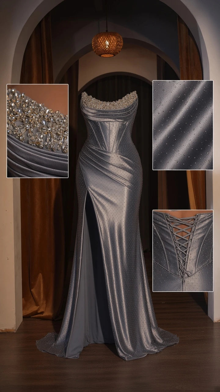 Detailed collage showing crystal beaded neckline, micro-sparkle shimmer fabric, and lace-up back