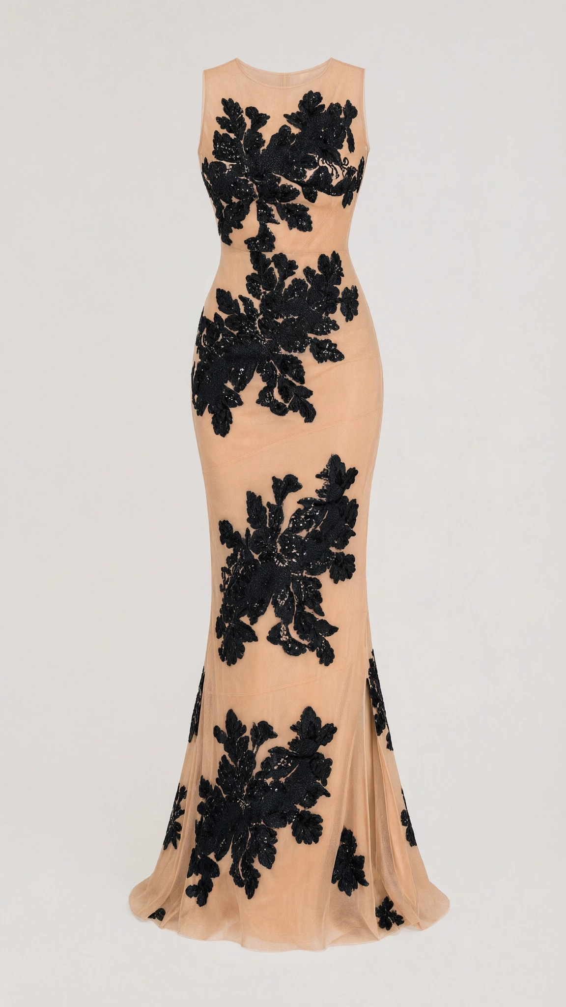 Full-length studio flat lay of beige evening gown with black embroidered florals