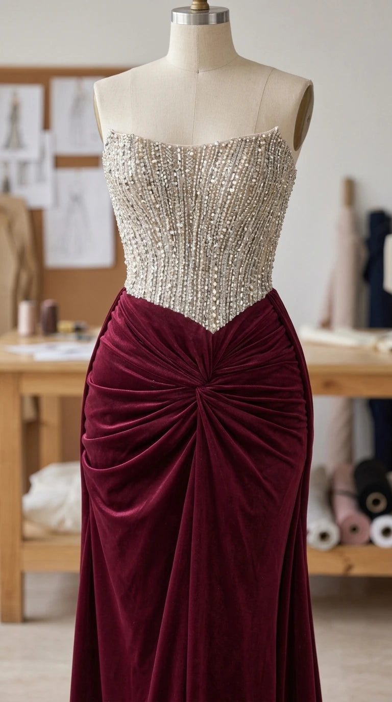 Mannequin studio detail of beaded bodice and knotted burgundy skirt