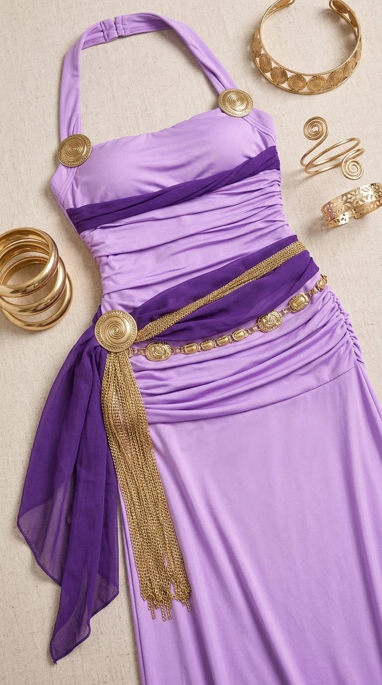 Flat lay of lavender goddess dress with gold medallion halter details and jewelry accessories
