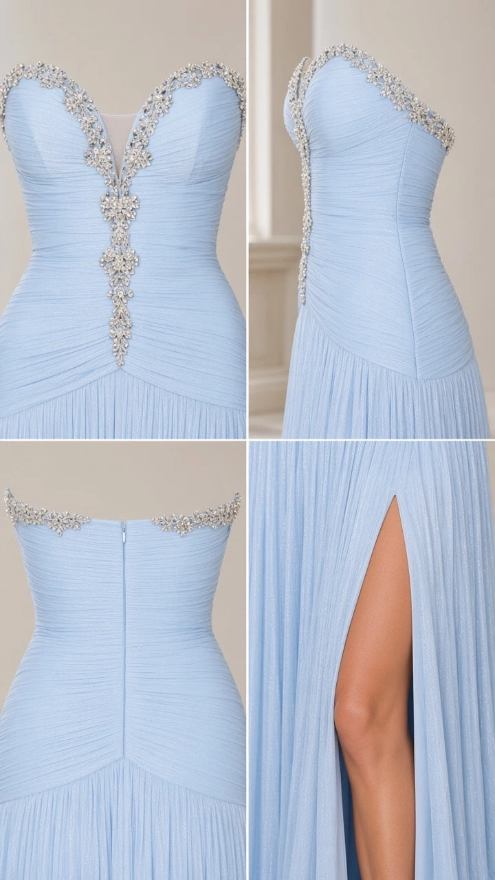 Close-up detail collage of light blue gown showcasing rhinestone plunge, ruched bodice, back zipper, and side slit