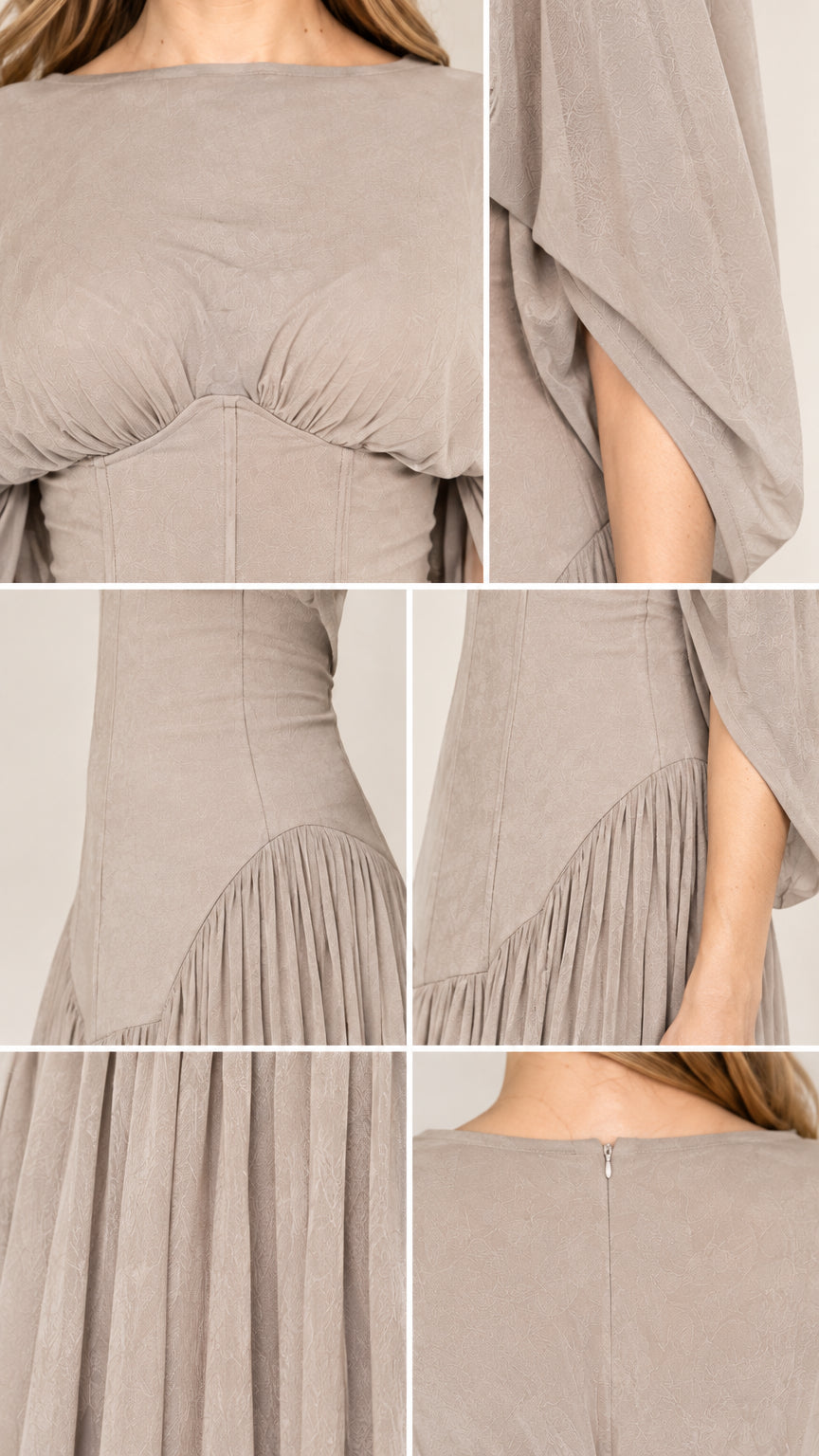 Close-up details of neckline, split sleeve, corset waist seams, and back zipper