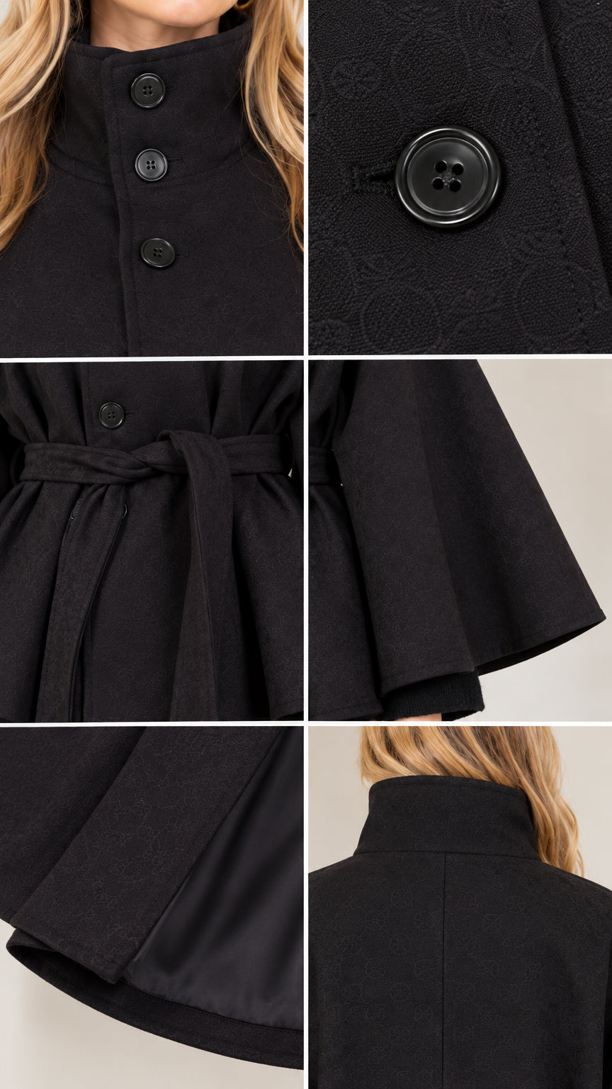 Close-up details of black cape coat collar, buttons, tie belt, and sleeve hem lining