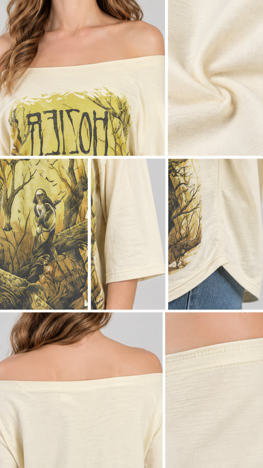 Close-up details of beige off the shoulder graphic tunic top and neckline