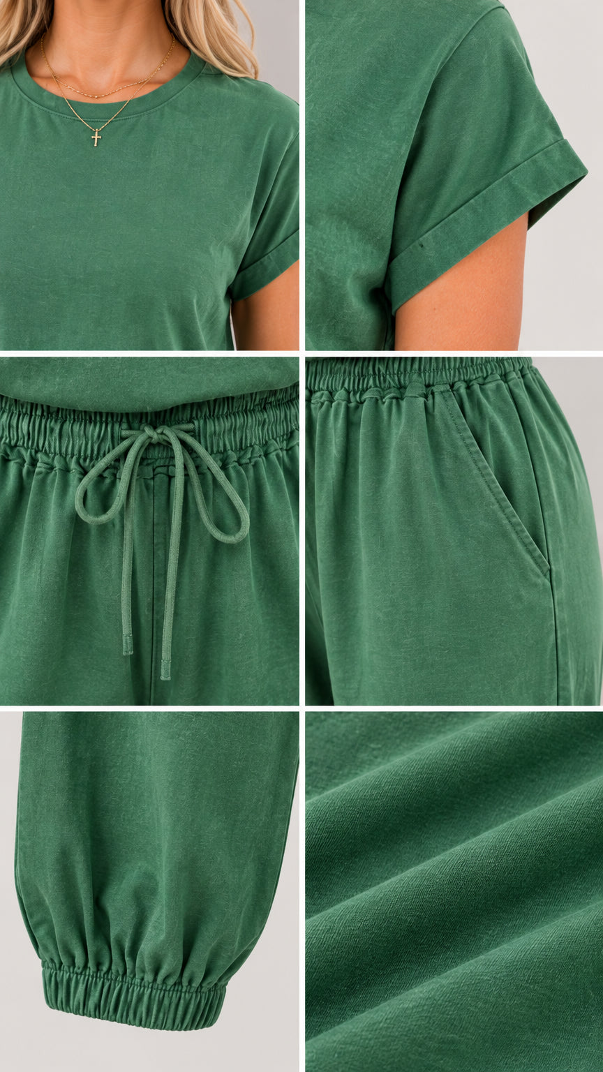 Close-up details of green jumpsuit showing neckline, rolled sleeve, drawstring waist, pocket, elastic cuff, and fabric texture