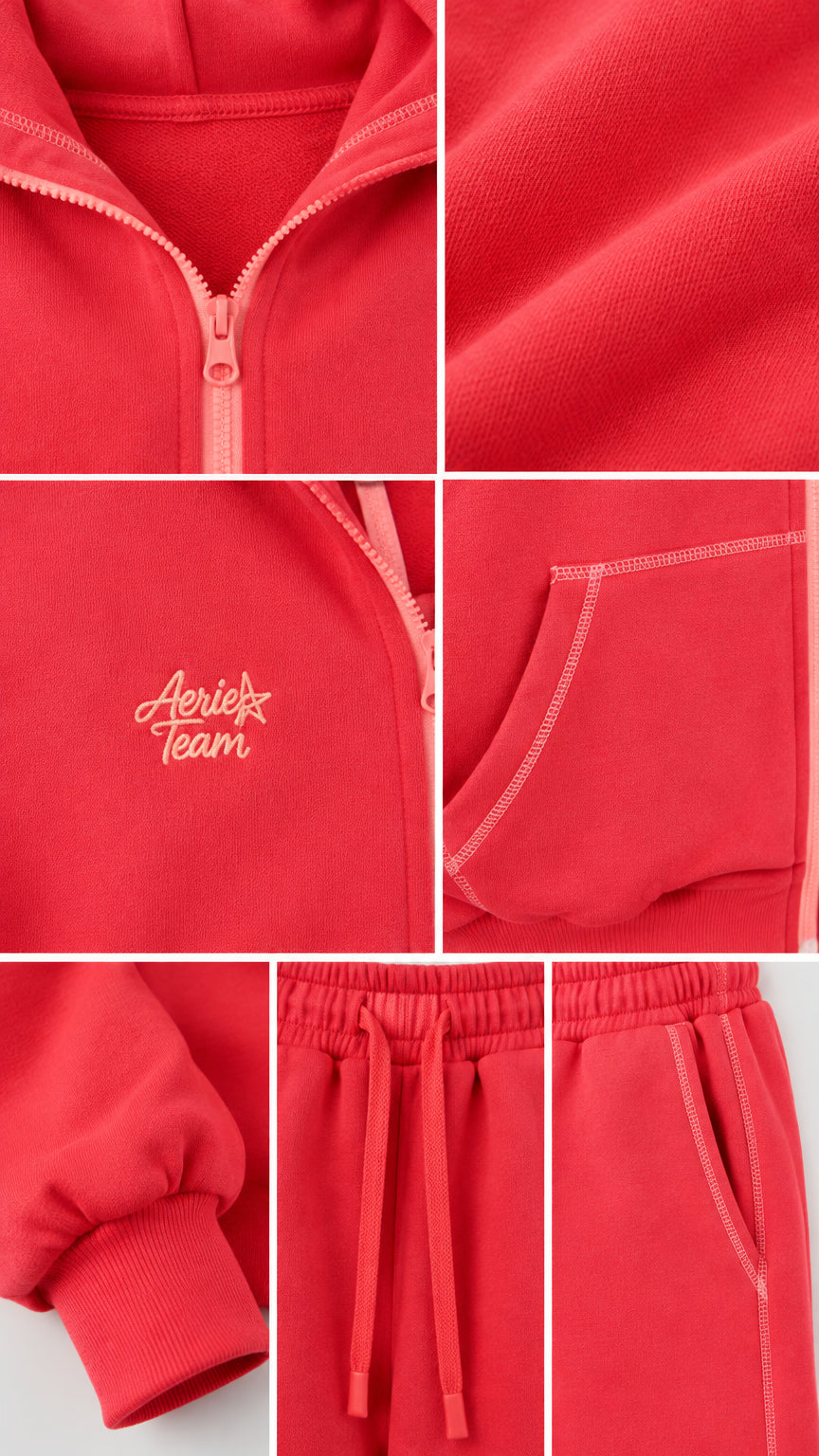 Close-up details of coral red set highlighting zipper, embroidery, cuffs, drawstring, and pockets