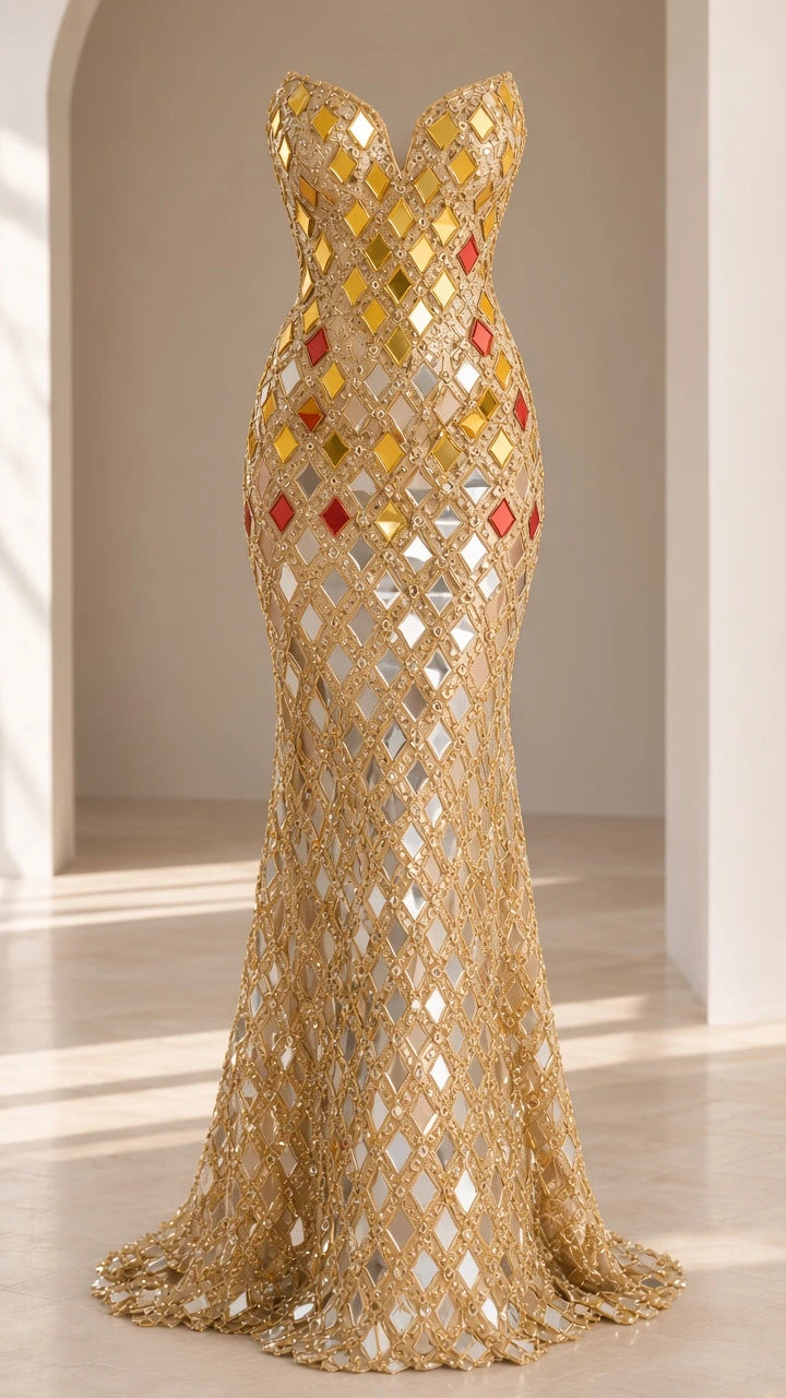 Gold strapless geometric mirrored sequin mermaid evening gown display view