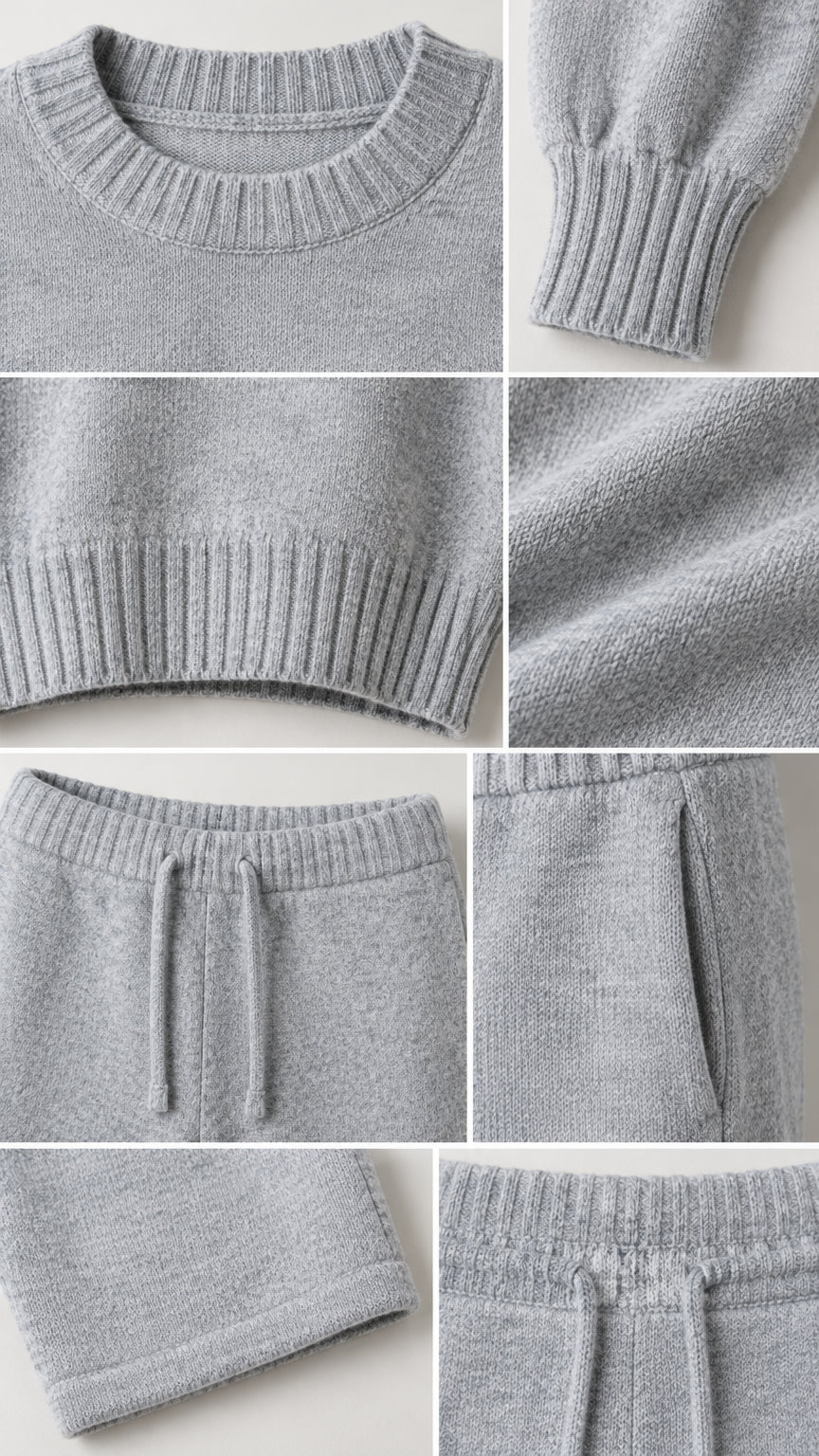 Close-up collage of grey knit texture, ribbed collar, cuffs, hem, drawstring waist, and pockets