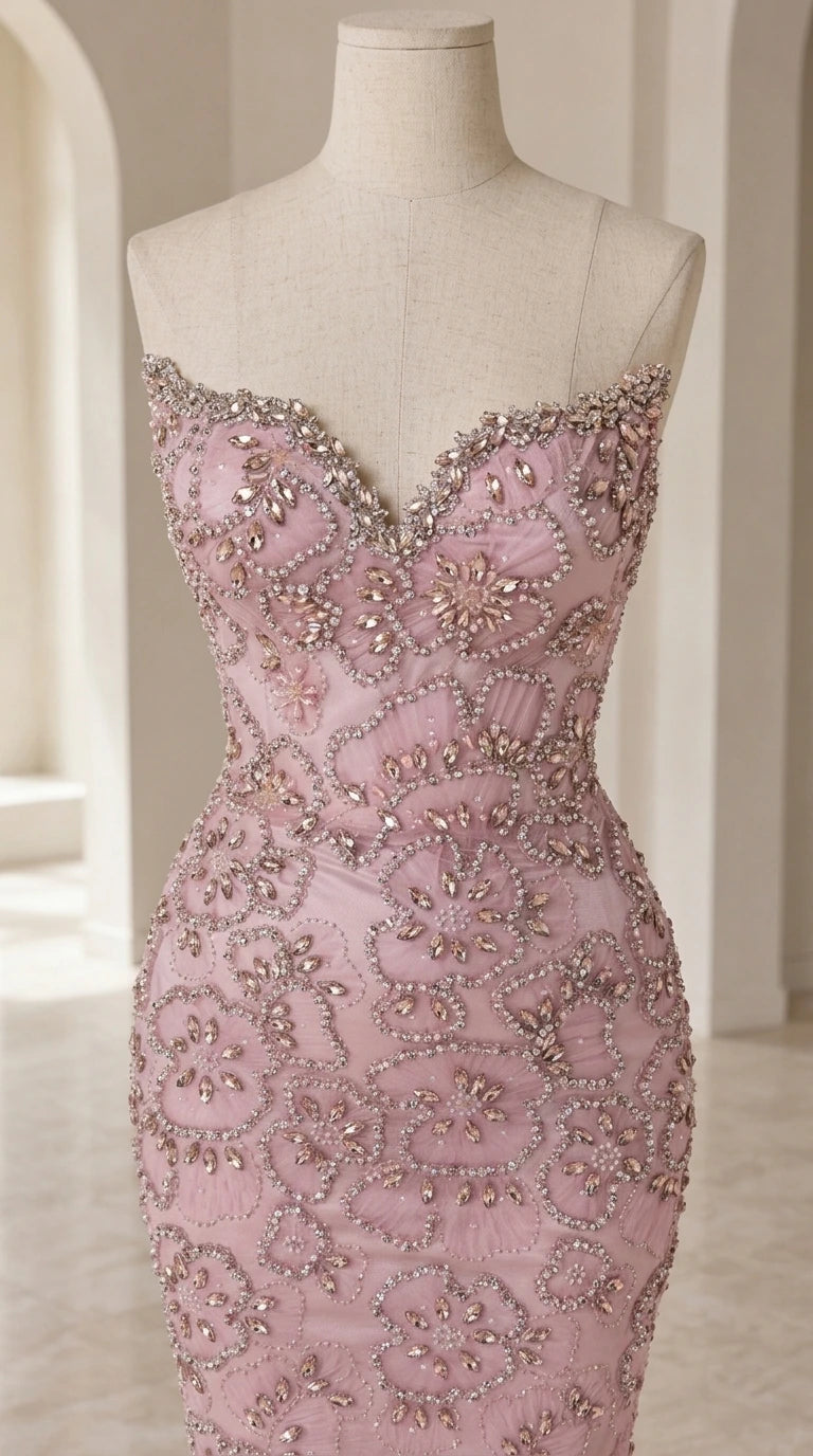 Close-up detail of sweetheart neckline with crystal beading on mannequin
