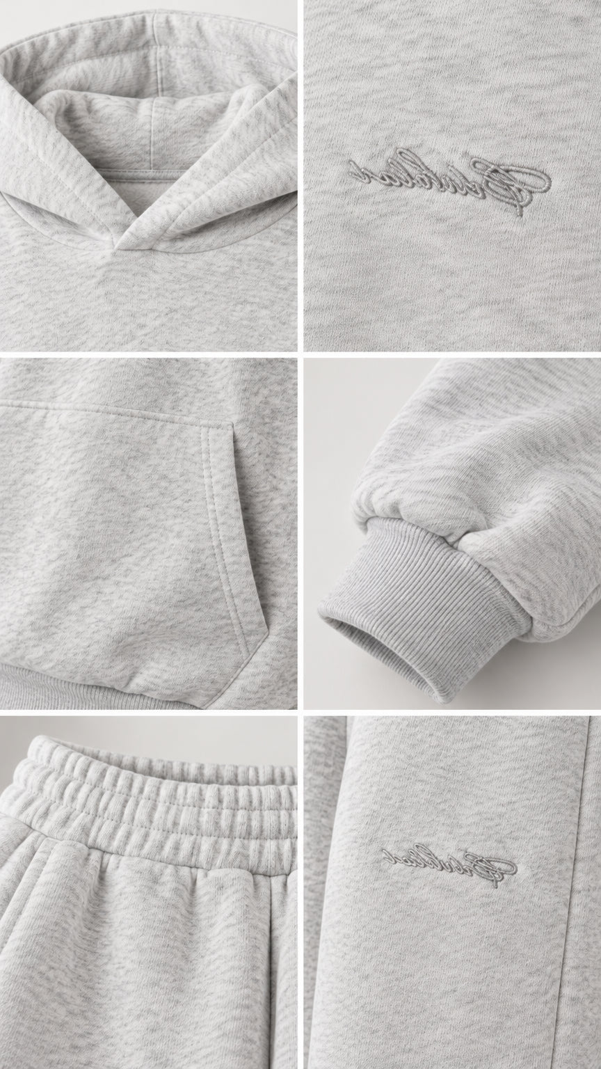 Close-up details of heather grey hoodie neckline, script embroidery, pocket, cuff, and waistband