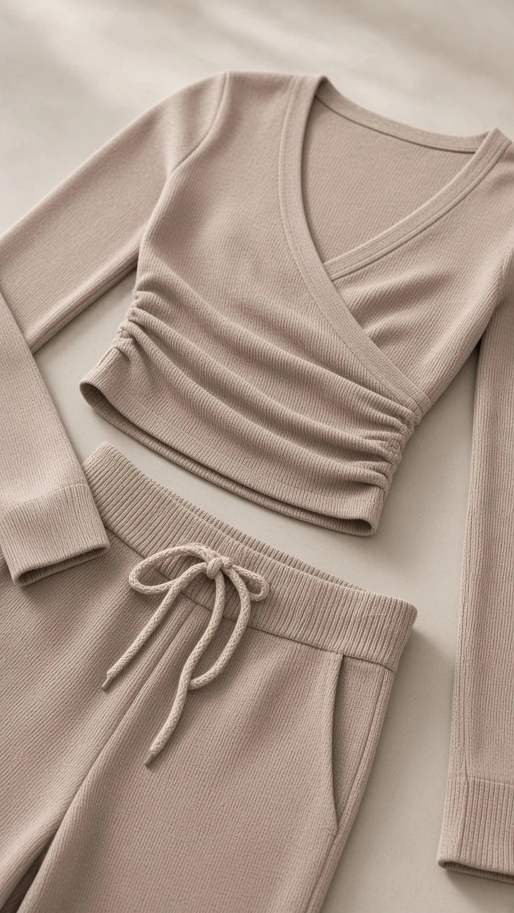 Detailed flat lay showing ribbed knit texture, wrap neckline, ruched side seams, and drawstring waistband
