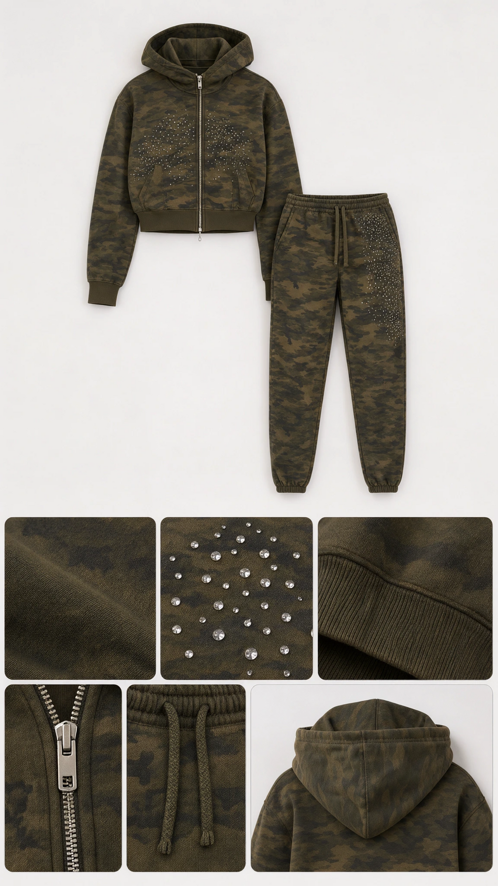 Flat lay and close-up detail collage of olive green camouflage rhinestone hoodie and sweatpants