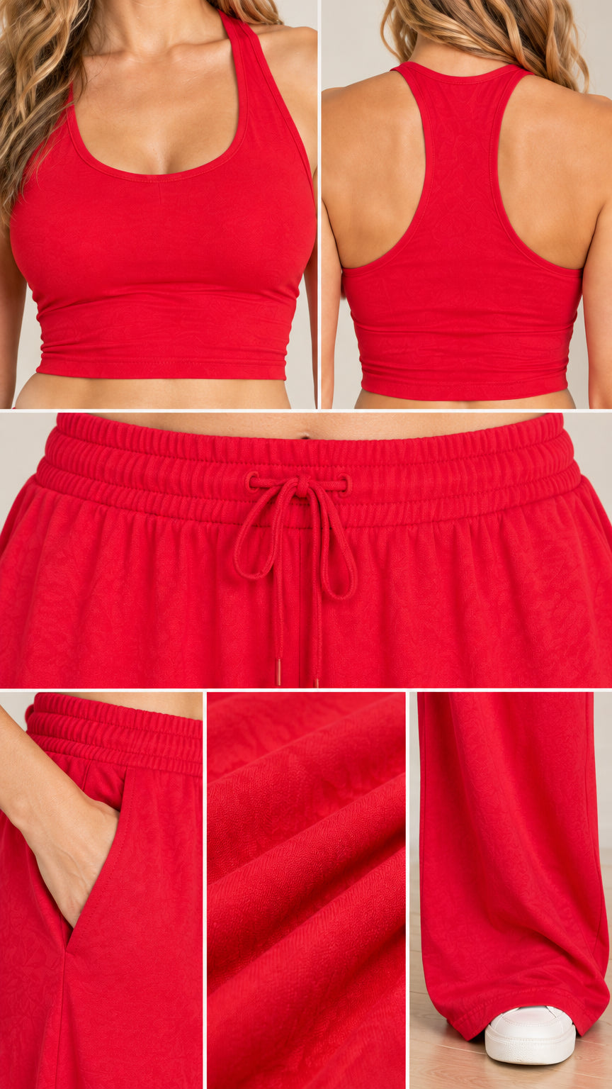 Close-up details of red crop top neckline, racerback cut, drawstring elastic waistband, side pocket, and fabric texture