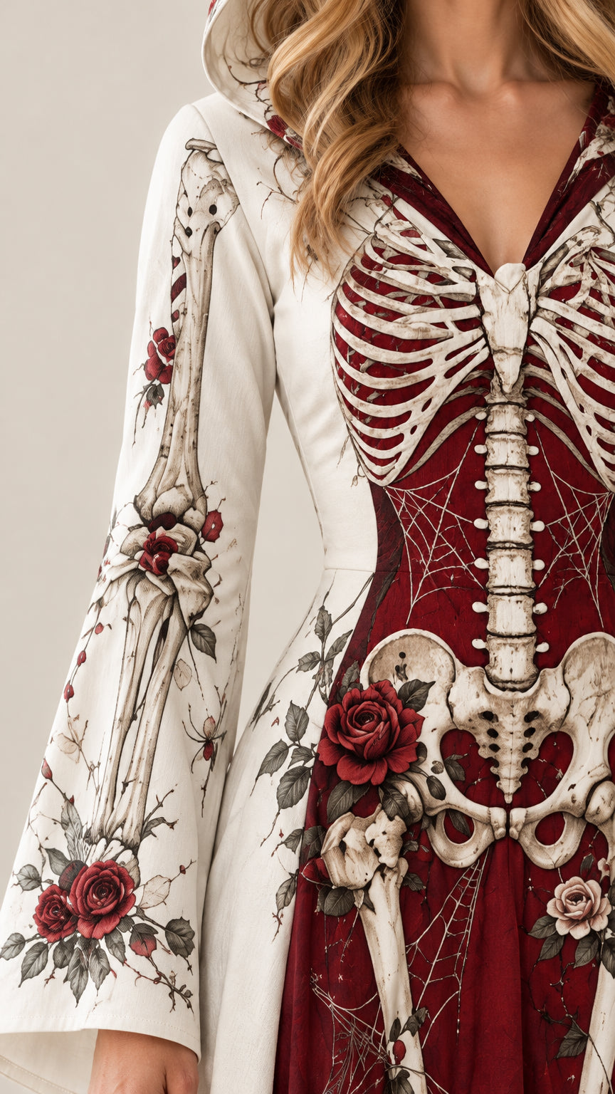 Close up of intricate skeleton and red rose bodice graphic print on white gown