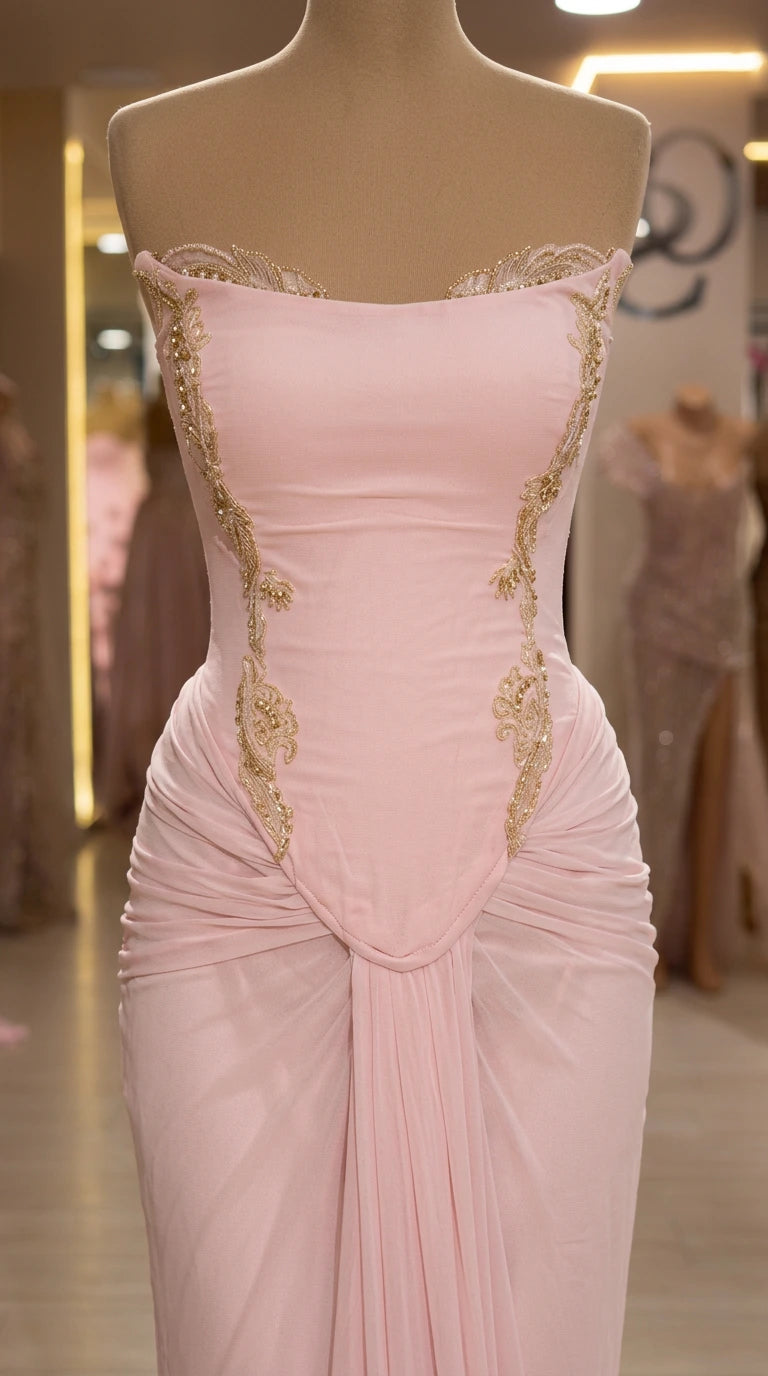 Bodice close-up showing gold embroidery and boning on Light Pink gown