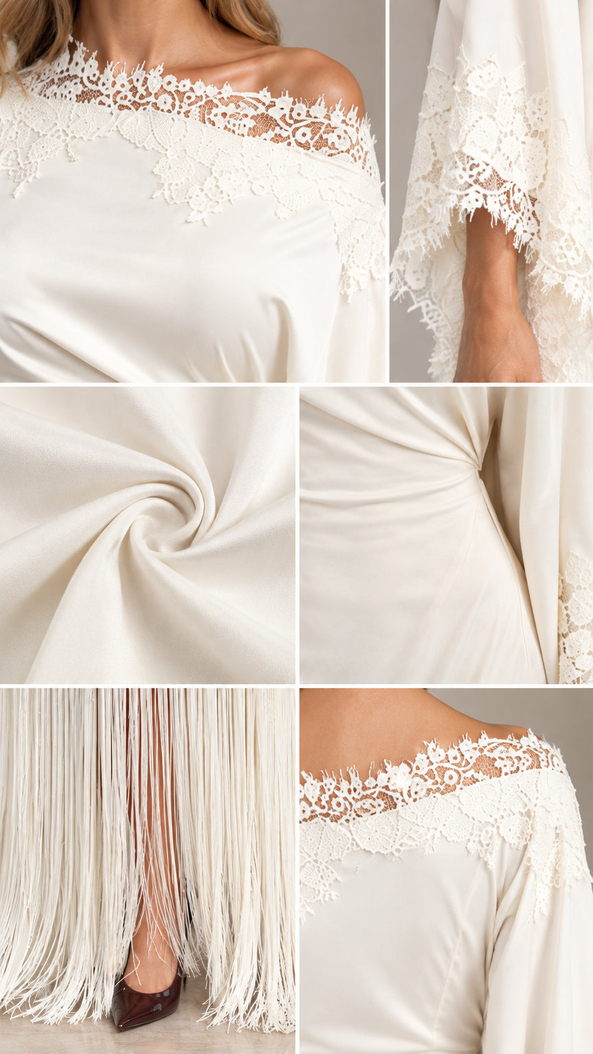 Close-up details of lace neckline, smooth fabric, and cascading fringe hem