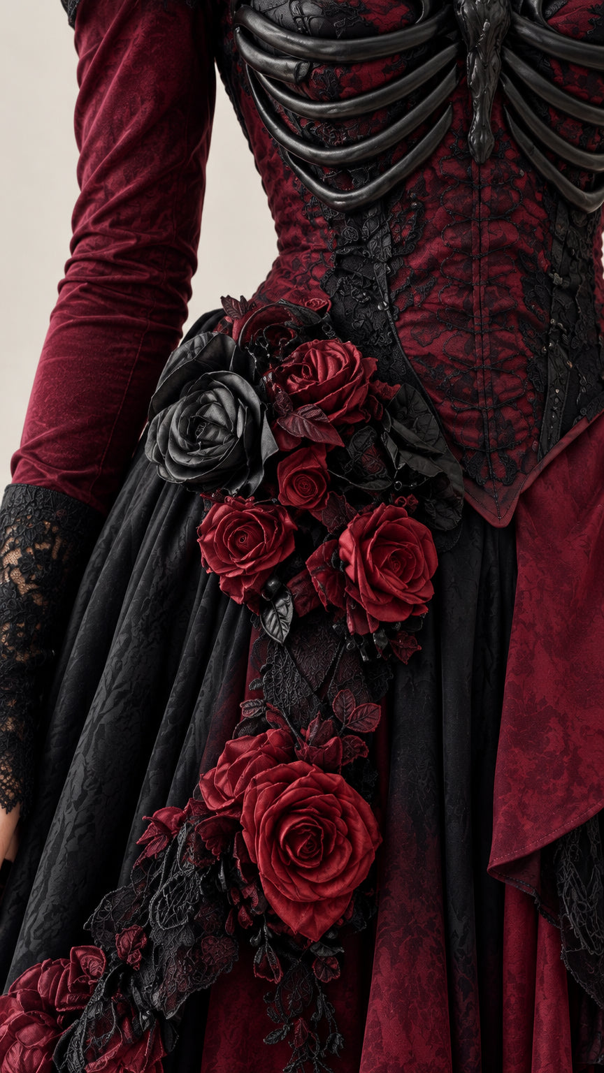 Close-up detail of sculpted ribcage bodice, lace trim, and dimensional rose appliqués