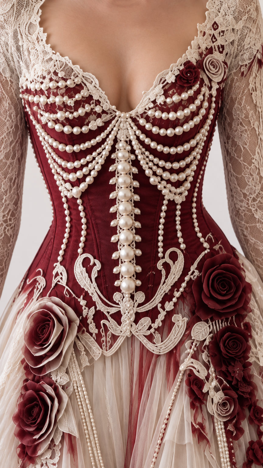 Close-up detail of burgundy corset bodice featuring intricate pearl beading and 3D floral rosettes