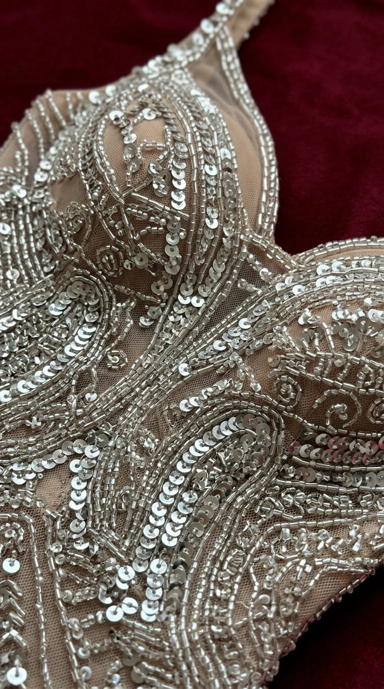 Close-up detail of champagne bustier bodice featuring intricate beading and sequin scrollwork