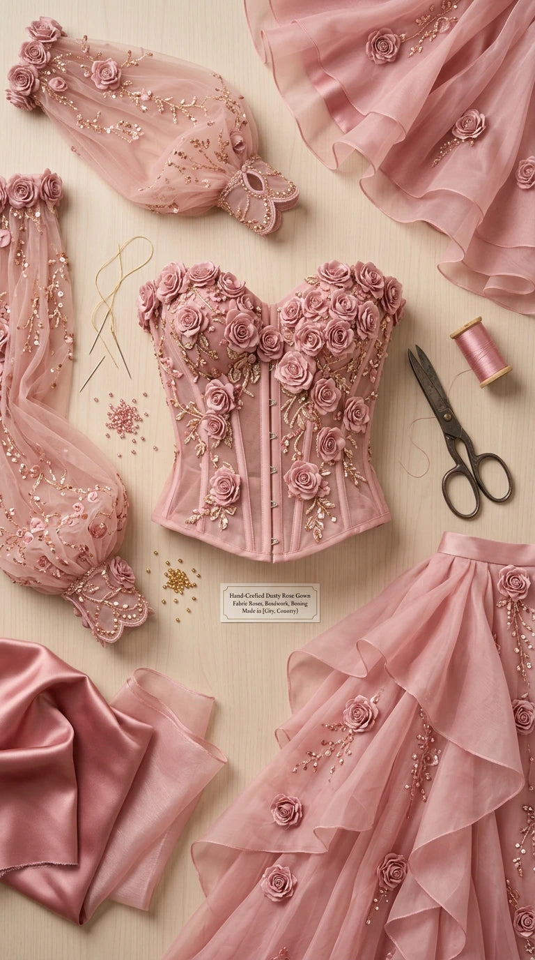 Close-up flat lay of dusty rose corset bodice with 3D floral rosettes and sheer sleeves