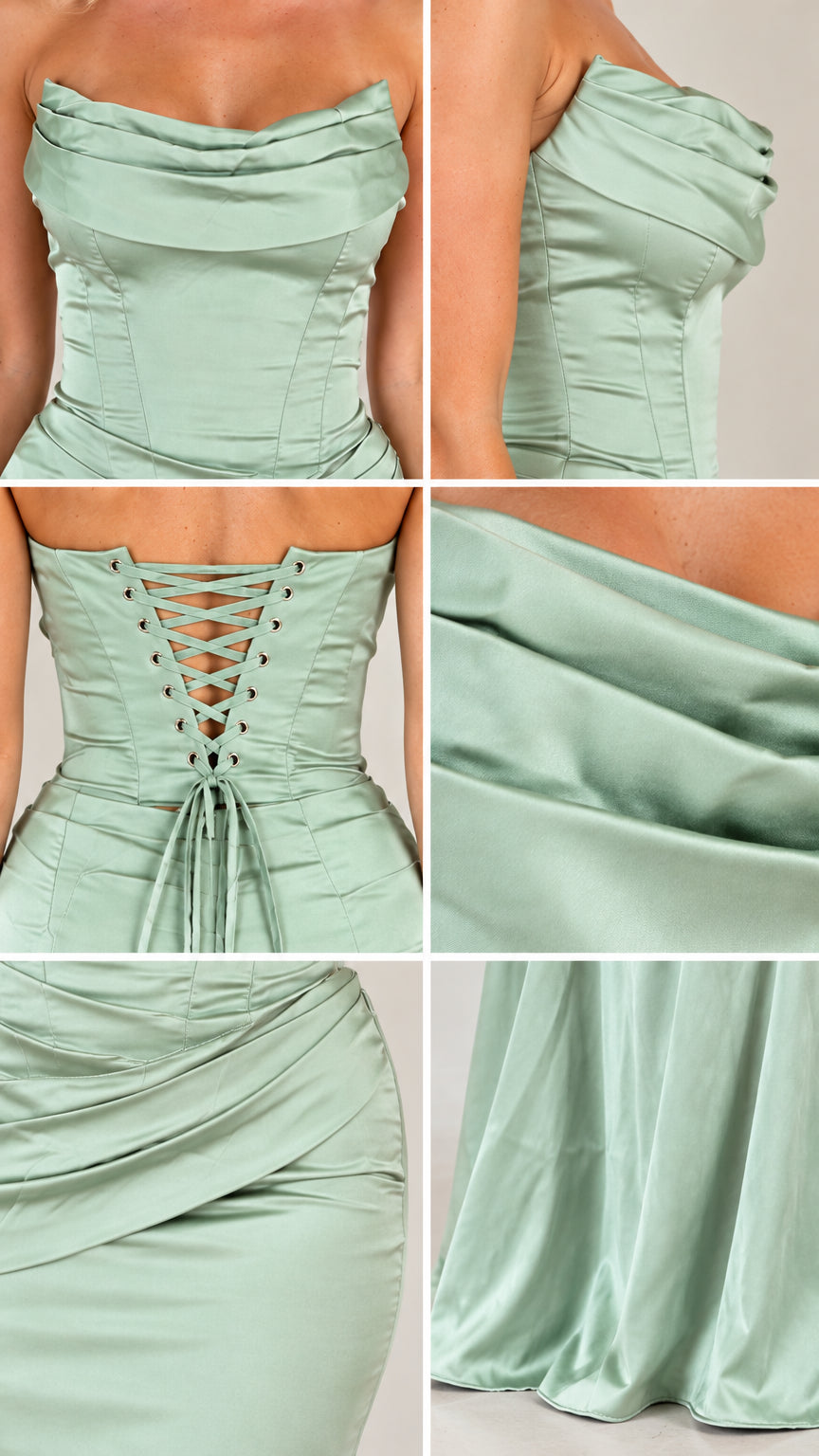 Detail close-up collage of cowl neckline, corset boning, lace-up back, and smooth satin fabric