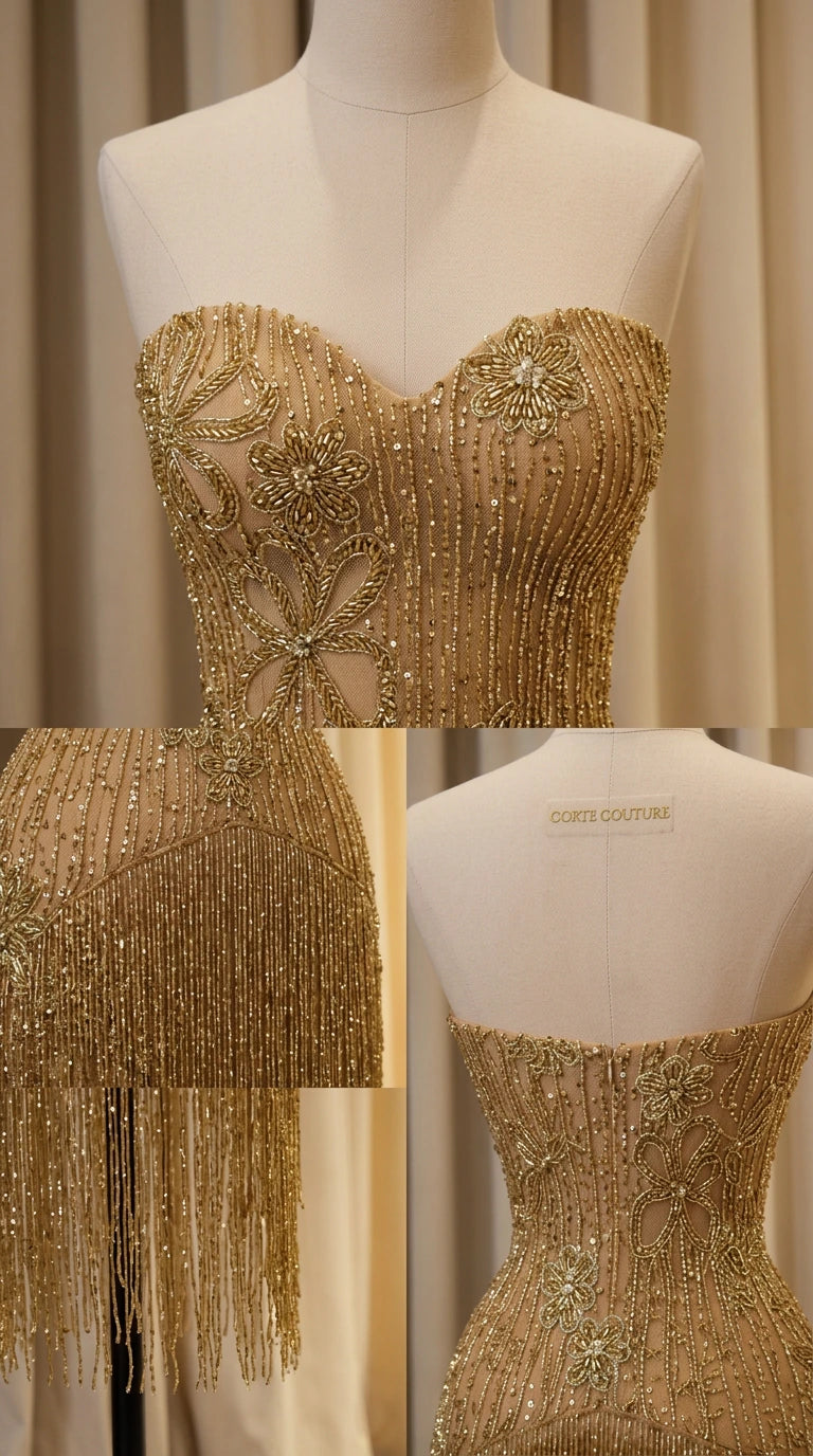 Close-up details of floral beading and layered tassel fringe on gown
