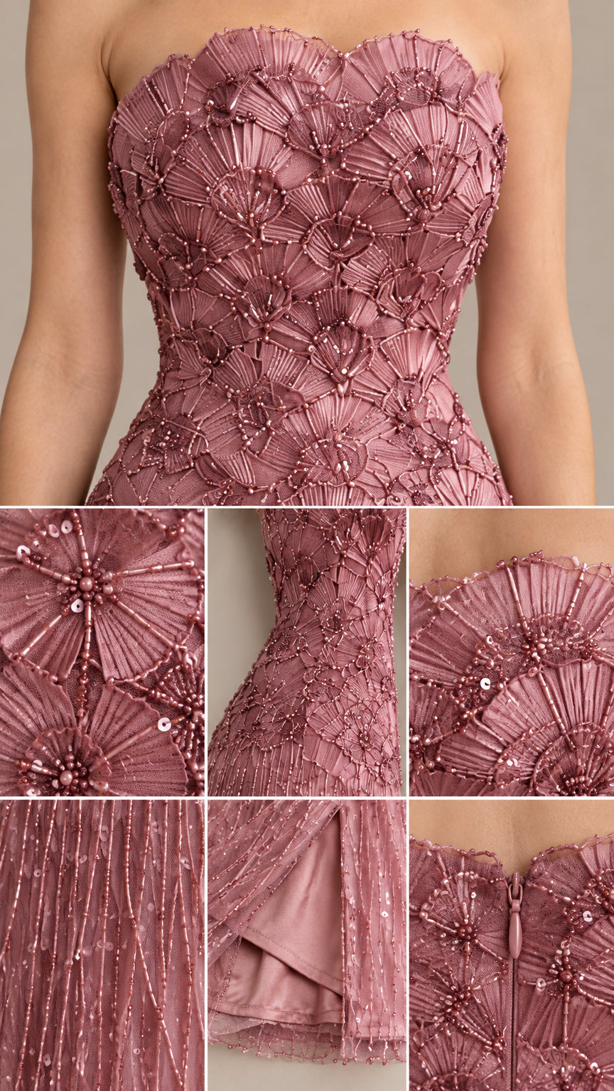 Close-up details of intricate floral embroidery, sequin embellishments, and beaded fringe