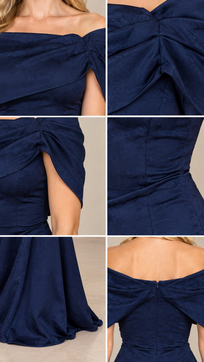 Close-up details of the fabric texture, neckline drape, and back construction on the navy blue dress