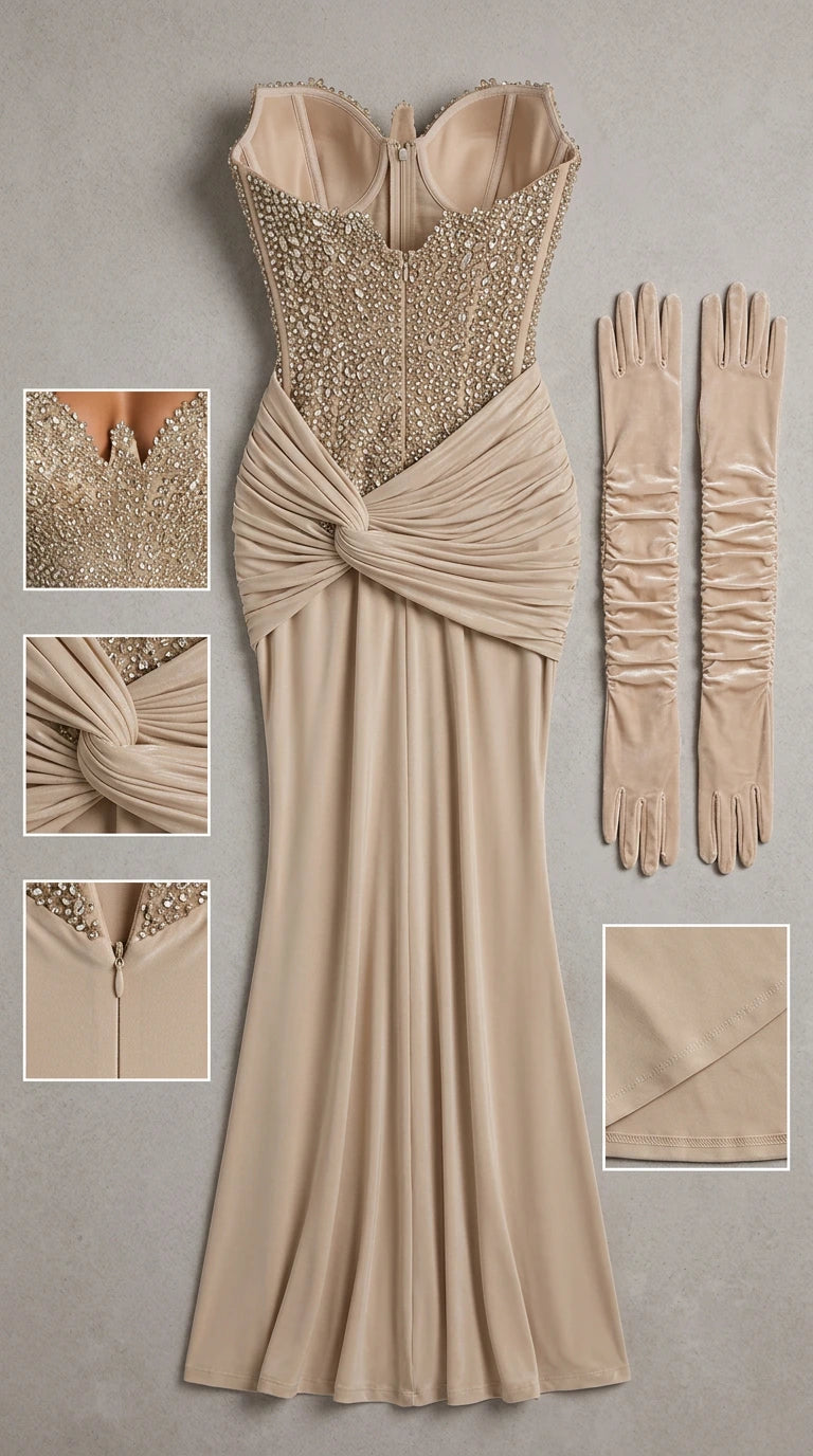 Flat lay view of champagne embellished corset formal gown with gloves and fine stitch details