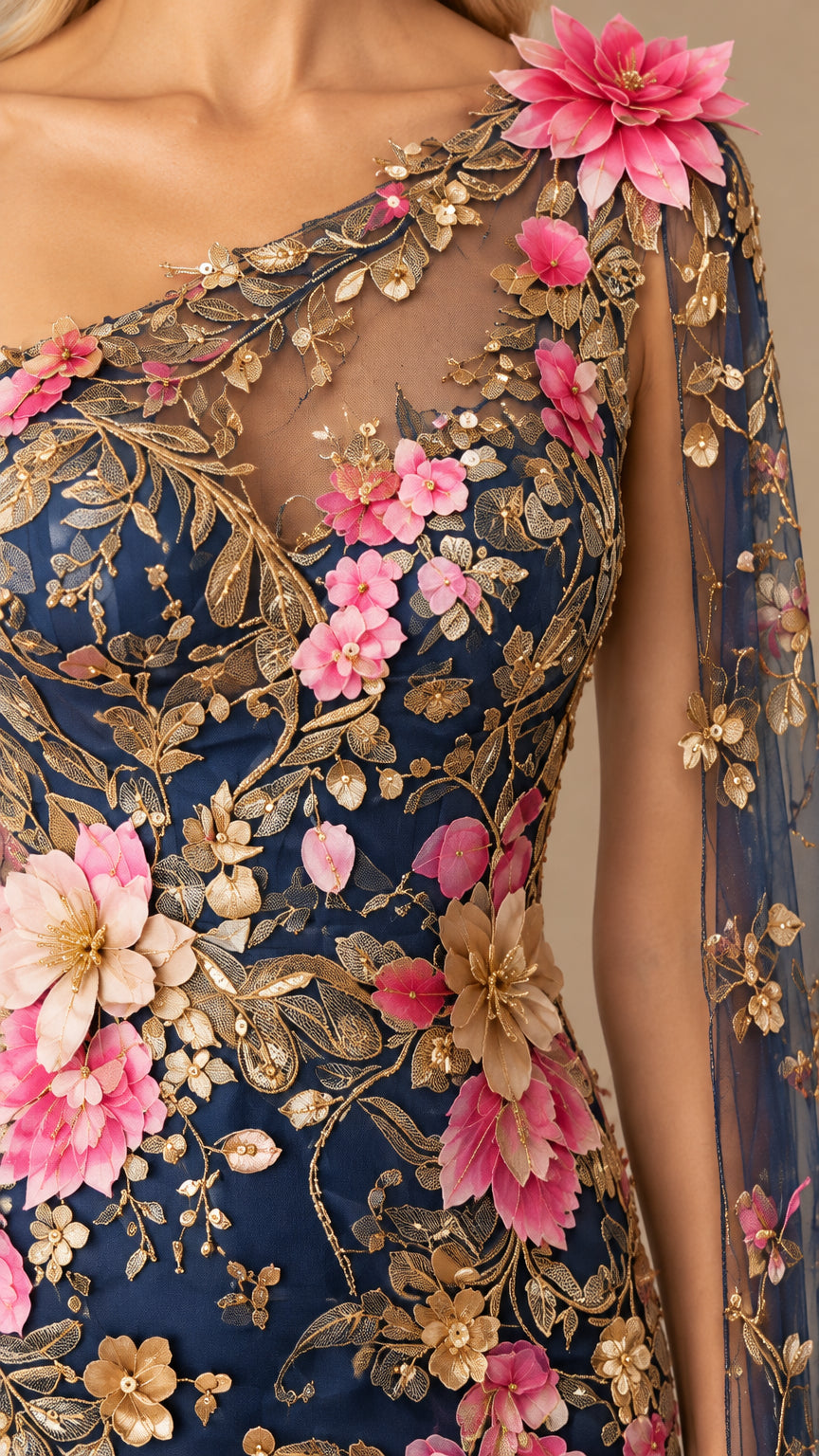 Close-up detail of sheer one-shoulder neckline with 3D pink and gold floral appliques and embroidery