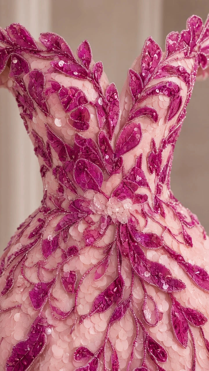 Close-up detail of the bodice showing 3D petals and sequin floral embroidery