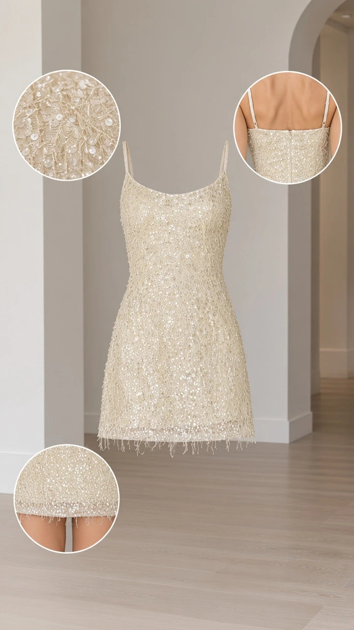 Champagne sequin mini dress product and detail closeups of fabric, back zipper, and fringe hem
