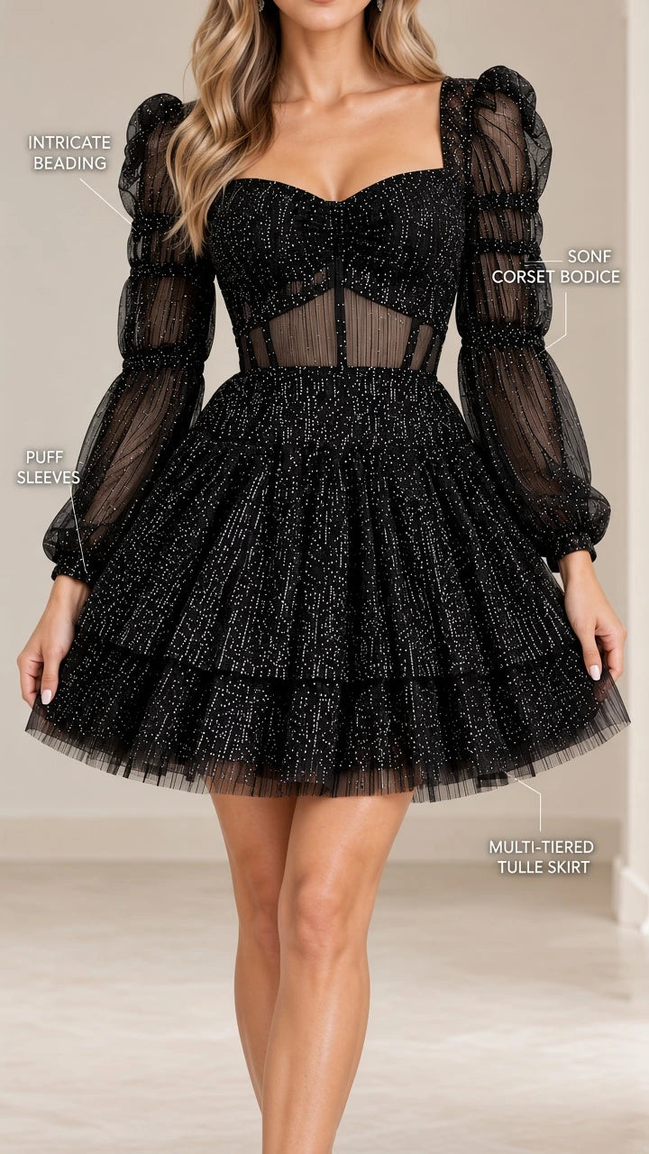 Close-up detail of black corset bodice, intricate beading, and sheer puff sleeves