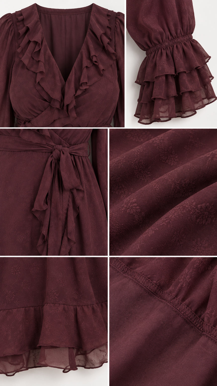 Close-up details of burgundy ruffle neckline, tiered cuff sleeves, waist tie, and textured fabric