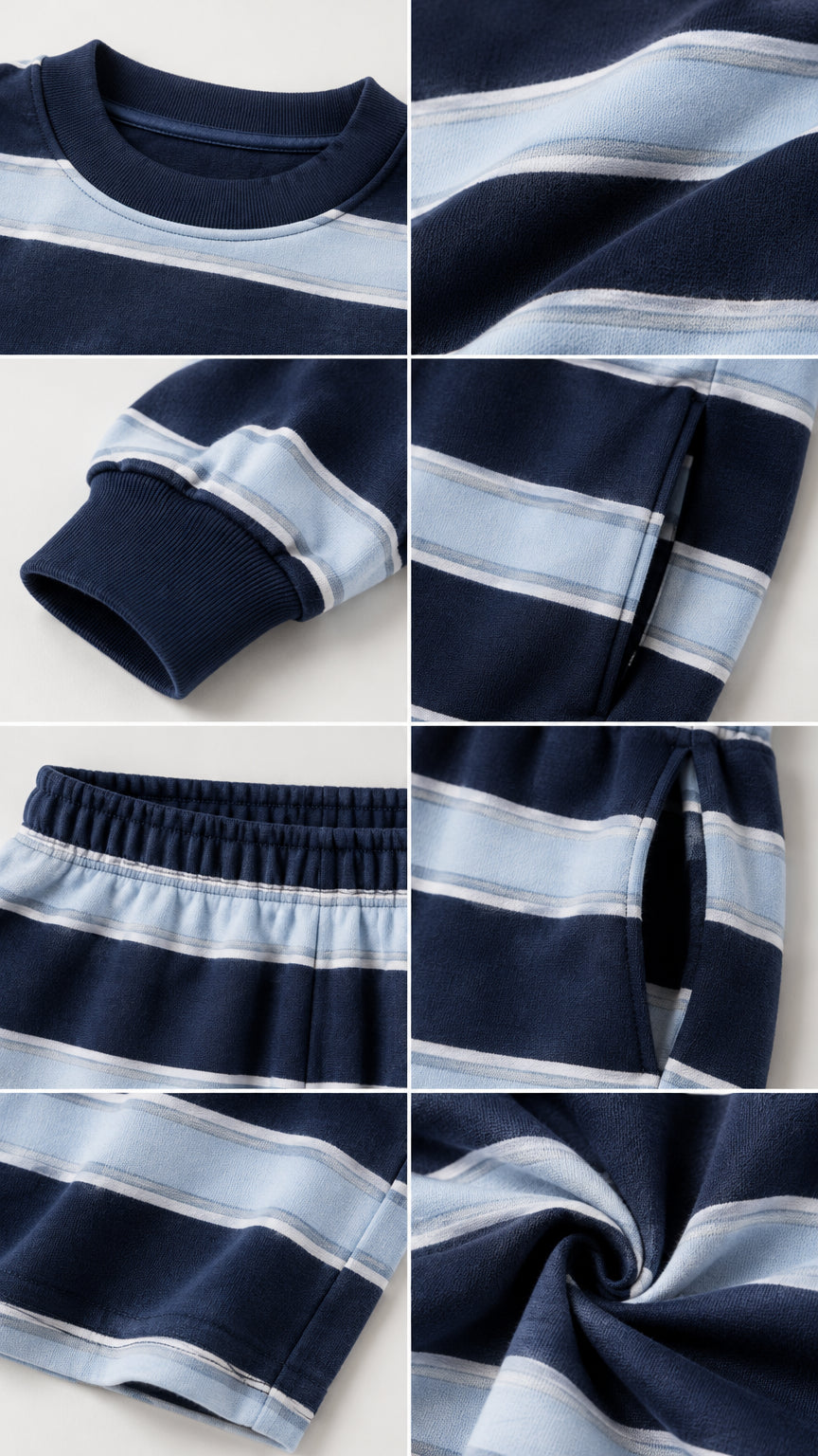 Detailed close-up collage of neckline, soft knit fabric texture, ribbed cuff, elastic waistband, and side pocket