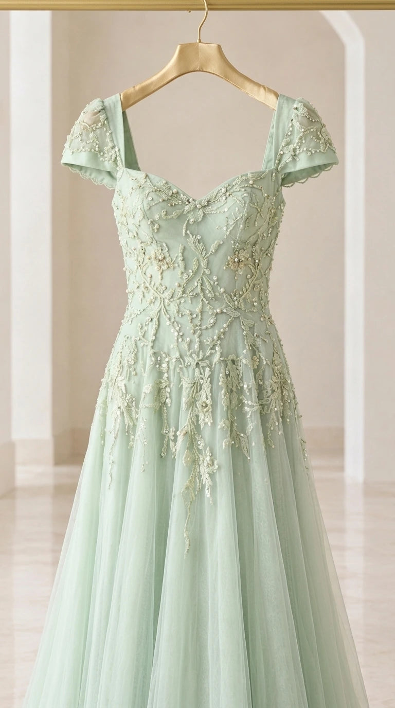 Close-up detail of sage green floral embroidered sweetheart bodice on hanger