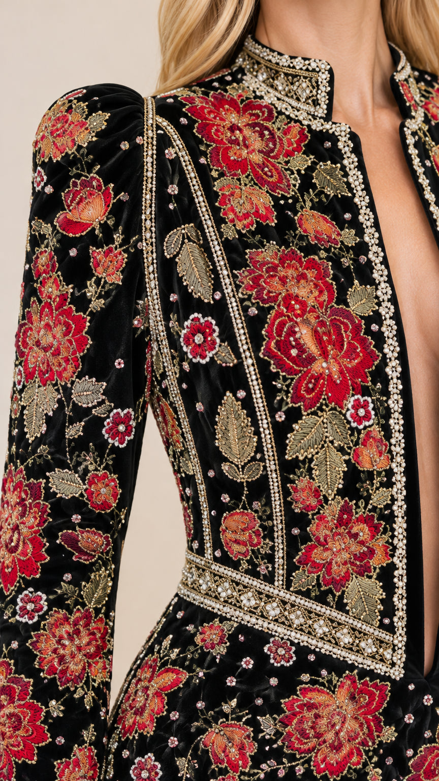 Close-up detail of intricate floral embroidery, beaded border trim, and mandarin stand collar on black dress