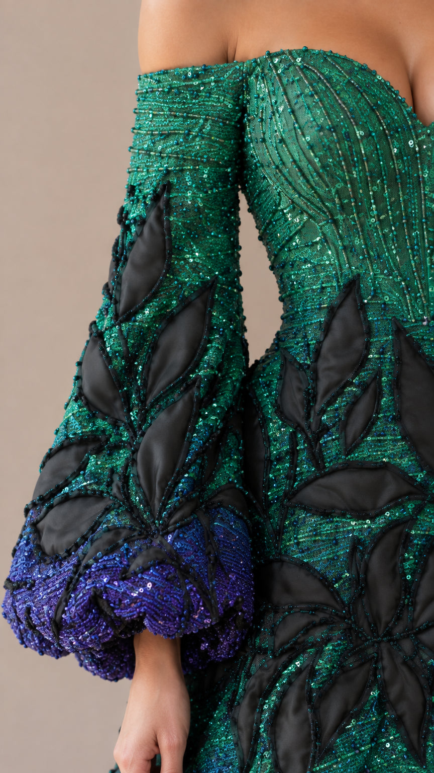 Close-up detail of embellished bodice, off-shoulder neckline, and 3D leaf appliqué on sleeve
