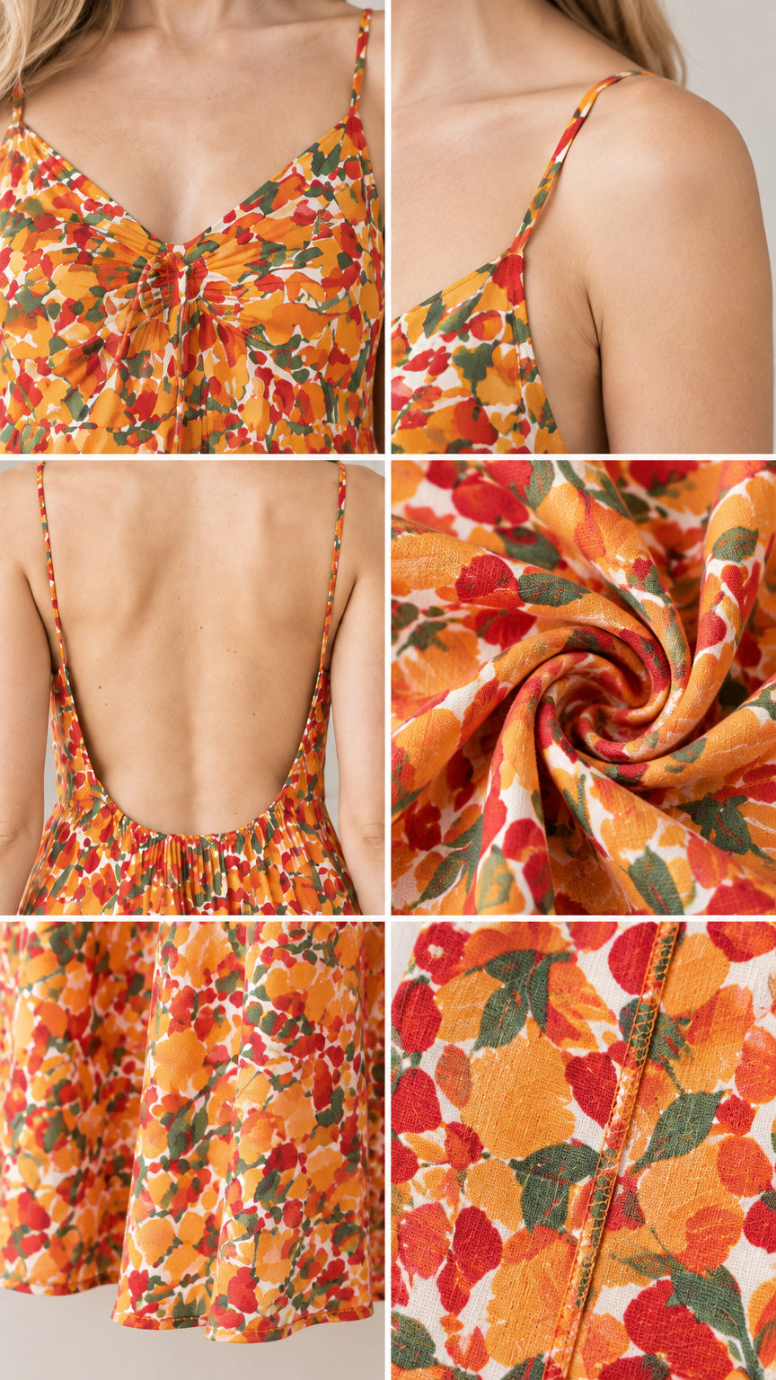Close-up details of bodice, strap, back elastic, fabric texture, and hem