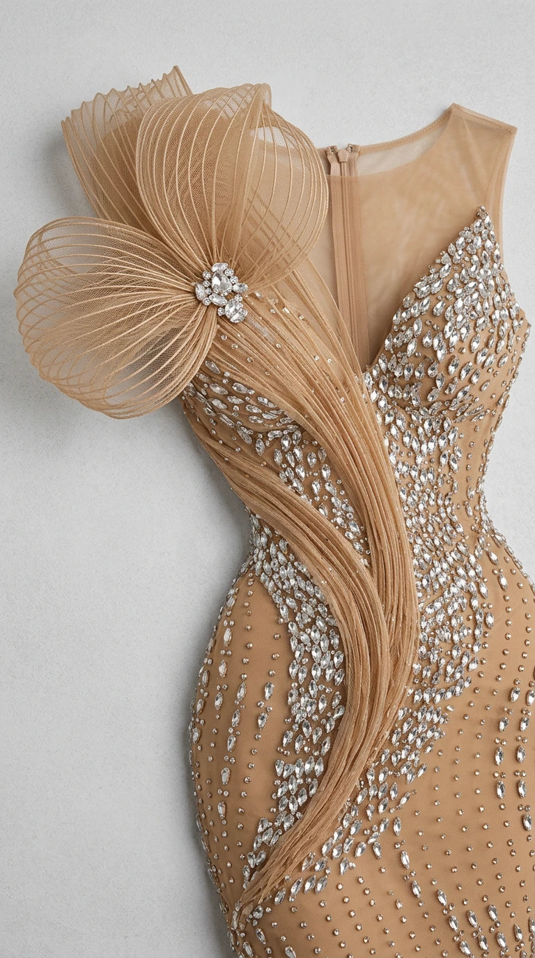 Close-up detail of 3D pleated floral rosette and intricate rhinestone beading