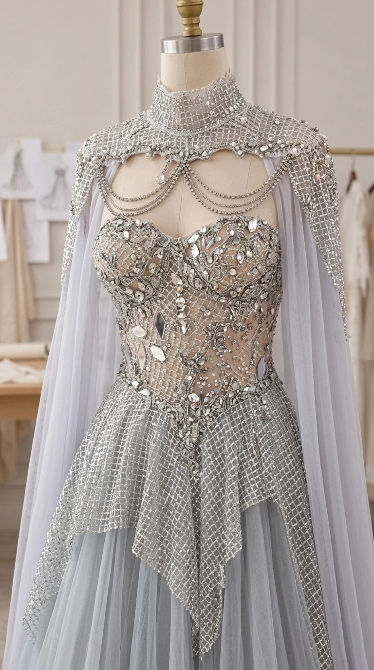 Mannequin close-up of intricate crystal beadwork and high-neck cape bodice