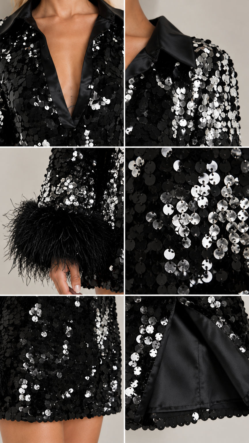 Close-up details of plunge neckline, satin collar, sequins, and plush feather cuffs