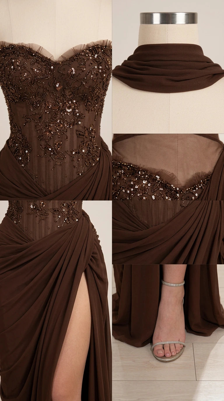 Detailed collage showing beaded corset bodice, matching neck scarf, side slit, and drape details